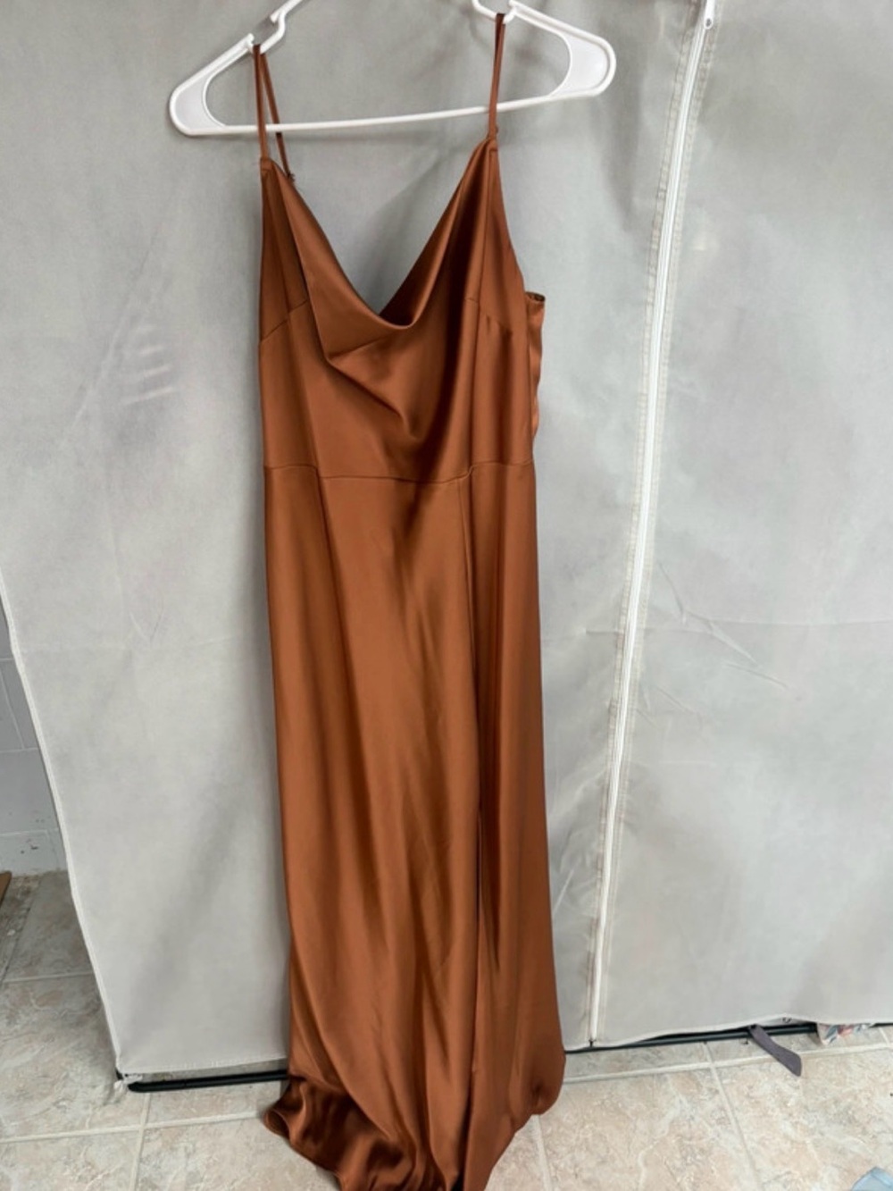 Azazie Satin Cowl Slip Dress in Rust
